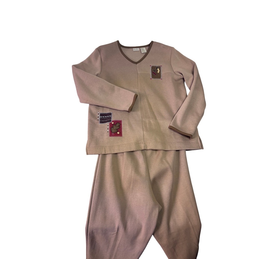 Bobbie Brooks womens Large Bisque Patchwork  V-Neck Top and Pants Set L 12/14